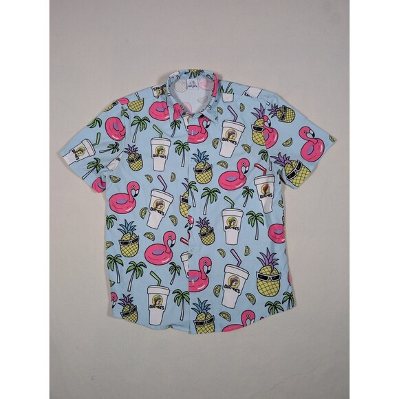 Bucees Shirt Mens M Blue Button Up Hawaiian Tiki AOP Pineapple Flamingo Shirt - Picture 1 of 6